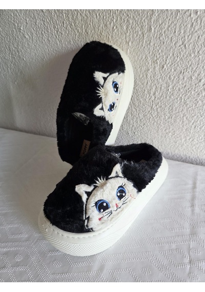 Kadın Kedili Peluş Rahat Ev Terliği 25bnt133 Siyah
