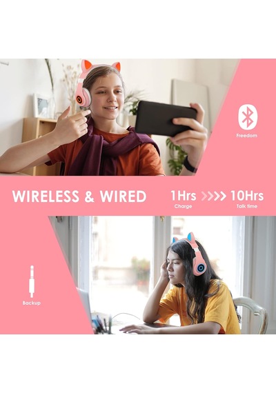 Çocuk Kulaklık, Kız Çocukları Bluetooth Kulak Üstü Sevimli Kedi Kulaklı Çocuk Kulaklığı Led Işıklı, Katlanabilir Kablosuz Çocuk Kulaklık Erkek Yetişkinler İçin Okul/tablet/pc/telefon