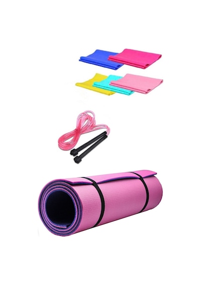 8 Mm Pilates Kamp Matı Pvc Atlama İpi Plates Egzersiz Direnç Lastiği 3^lü Pilates Seti Karışık