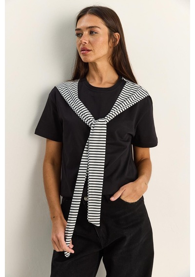 Shade Kadın Çizgili Şal Detaylı Relaxed Basic T-shirt 7679 60286112 - Siyah