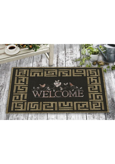 Dekoratif Dış Kapı Paspası Dijital Baskılı, Kaymaz Pvc Plastik Tabanlı, Şık Desenli Kapı Önü Paspası 40x70 Cm Siyah Altın