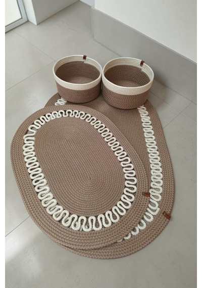 El Yapımı Dekoratif Örgülü Model Banyo Seti 2 Li Paspas 50x80 Ve 40x60 + 2 Organizer Sepet 18x18 Cm Vizon