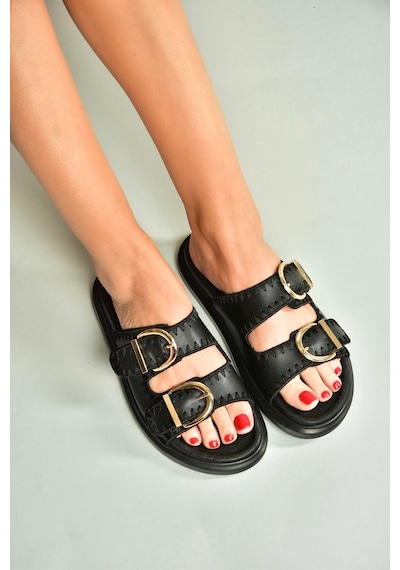 Fox Shoes U267146209 Siyah Kadın Terlik Siyah-suni Deri