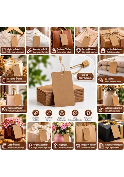 Ürün Etiketi 5x9 Cm 100 Adet Kraft Kilitli İpli Asma Fiyat Ve Giyim Etiketi