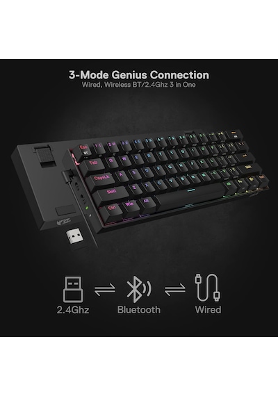 K530 Pro Draconic%60 Bt Türkçe Q Klavye/kablolu / 2,4 Ghz Kablosuz Mekanik, 61 Tuş, Hot-swap Özellikli Rgb Oyun Klavyesi, Dokunsal Kahverengi Anahtarlı, Windows/mac/android İçin