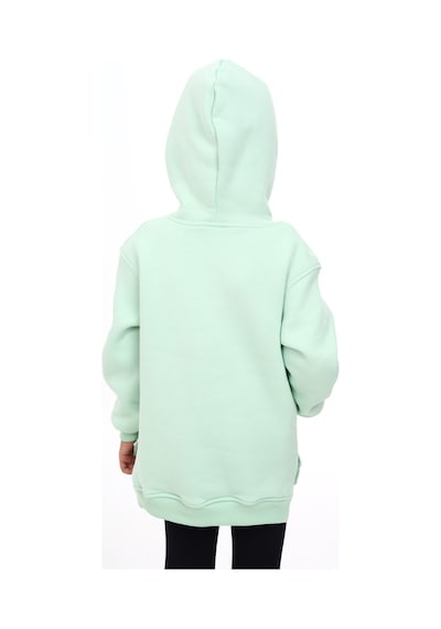 Toontoy Kız Çocuk Oversize Kapüşonlu Cepli Nakış Baskılı Yırtmaçlı Sweatshirt - 3 İplik Şardonlu Mint Yeşili