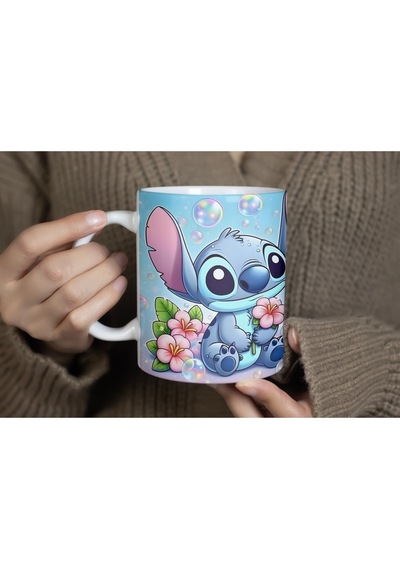 Mavi Stitch Çiçekli Kupa Bardak - Mavi Arka Planlı Tatlı Karakter Tasarımı Hediye Kupa Beyaz