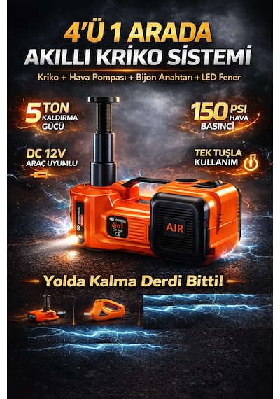 4 Ü 1 Arada Elektrikli Kriko Seti 5 Ton 150 Psı Hava Pompası Bijon Anahtarı Led 12v