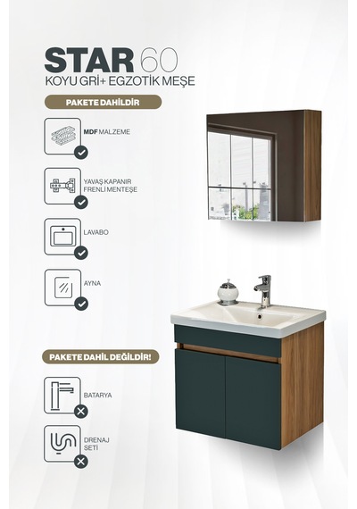 Star Banyo Dolabı Seti 60 Cm Egzotik Meşe & Koyu Gri Aynalı Lavabolu Mdf Egzotik Meşe & Koyu Gri Star Banyo Dolabı Seti 60 Cm Egzotik Meşe & Koyu Gri Aynalı Lavabolu Mdf Egzotik Meşe & Koyu Gri