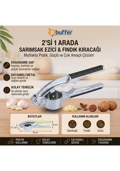 Buffer 2 Si 1 Arada Sarımsak Ezici Ve Fındık Kıracağı, Saplı Manuel Pres Renkli