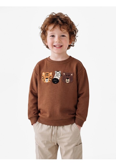 Koton Nakışlı Şardonlu Bisiklet Yaka Uzun Kollu Oversize Sweatshirt Kahverengi 7wmb10139tk Kahve