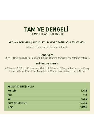 Kuzu Etli Yaş Konserve Yetişkin Köpek Maması, Jöle İçinde Parça Etli, 400 Gr X 12 Adet