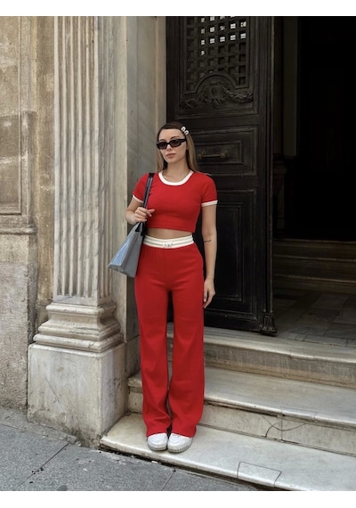 By Mop Crop Pantolon Biyeli Takım Kırmızı Kırmızı