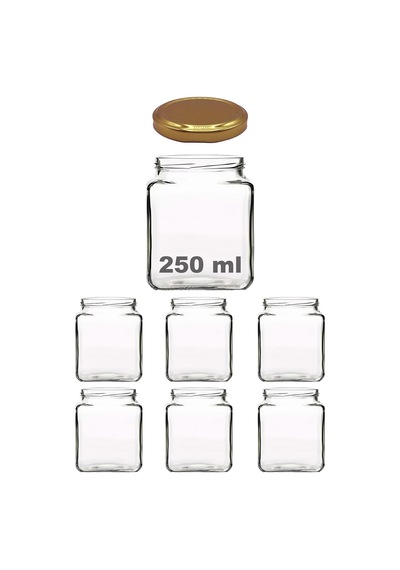 250 Ml Metal Kapaklı Kare Kavanoz 250 Cc Şeffaf Köşeli Kavanoz 6 Adet Altın/gold Diğer
