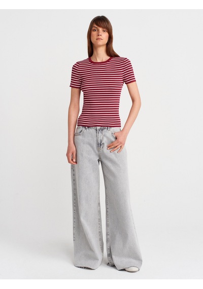 Dilvin 10758 Bisiklet Yaka Çizgili Basic Triko Bluz-bordo-ekru Bordo-ekru