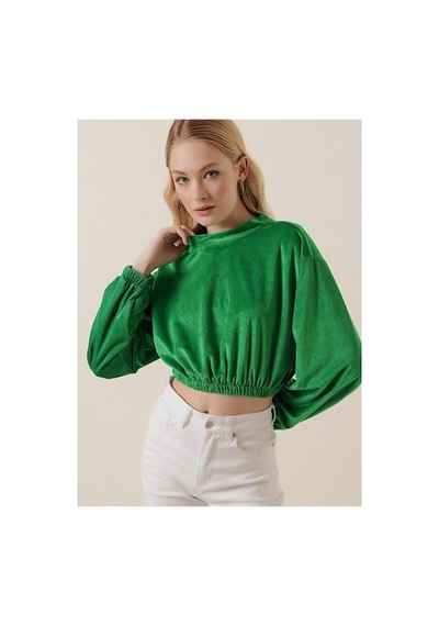 Ckm Moda Amy Kadife Crop Bluz Yeşil