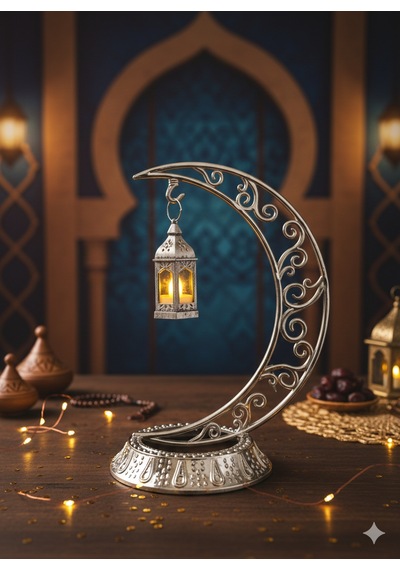 Dodomar 28 Cm Ramazan Dekoratif Masa Üstü Led Lamba Seti - Gümüş Hilal - Kancalı Diğer
