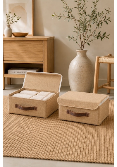 2'li Kapaklı Jüt Düzenleyici M Boy 30x23x13 Cm Dolap İçi Raf Tekstil Banyo Organizer Saklama Kutusu Kahverengi