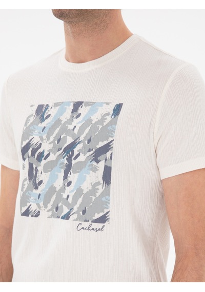 Beyaz Slim Fit Bisiklet Yaka Baskılı T-shirt