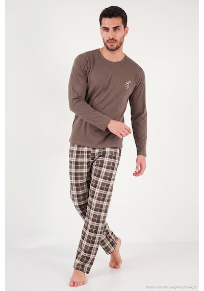 Buratti Ekoseli Pamuklu Bisiklet Yaka Uzun Kollu Pijama Takımı Erkek Pijama Takımı 6575003 Kahve