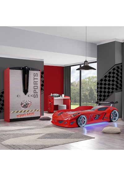 Setaymobilya Sports Çocuk Odası - Jaguar Arabalı Yatak, Dolap, Masa - Kırmızı