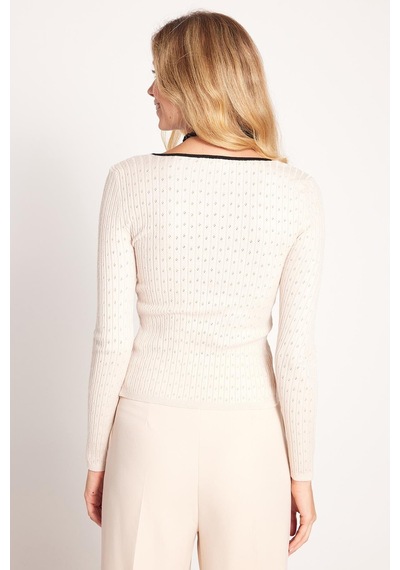 Tudors Kadın Slim Fit Dar Kesim Uzun Kollu U Yaka Bağlama Detaylı Bej Hırka-41354 Bej
