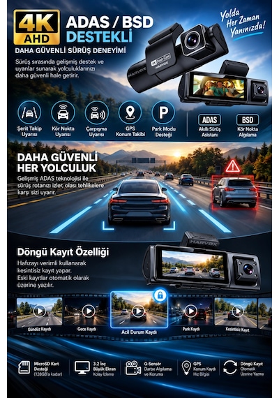 Harvox 4k Max 3 Kameralı Araç Kamerası Wifi Gps Adas Bsd 24 Saat Park Modu Gece Görüşü