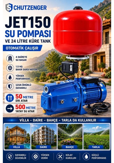 Jet150 Mavi Su Hidraforu Basınçlı Su Pompası 24 Litre Tank Otomatik 1.5 Hp 500 Mt Yatay Su Atar İkili Set