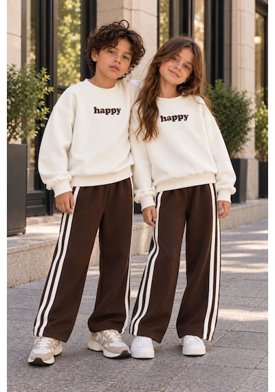 Zuzunga Unisex Çocuk Happy Yazı Baskılı Sweatshirt Ve Şerit Detaylı Bol Paça Eşofman Takımı BEYAZ