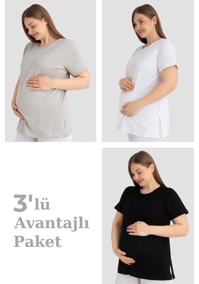 Pamuklu Kısa Kollu Hamile Tişört Renkli 3'lü Paket Yumuşak Ve Rahat Hamile Giyim