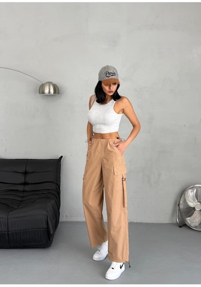 Paraşüt Kumaş Kargo Cepli Pantolon Kahverengi+camel