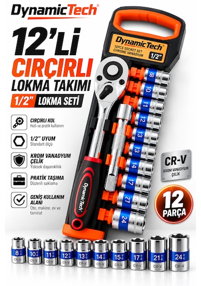 12'li 1/2 Çırçırlı Lokma Takımı 8-24 Mm Krom Vanadyum Çelik Profesyonel Set