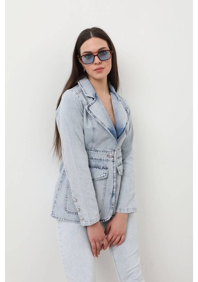 Kadın Uzun Kollu Tek Düğmeli Jean Ceket Açık Mavi