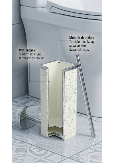 Makri Home 7 Parça Desenli Kare Click Kapaklı Beyaz Silver Banyo Seti, Hacim: 8 Litre Beyaz
