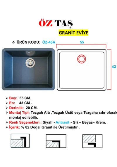 Öztaş ÖZ-43a Granit Mutfak Eviye Antrasit Tek Gözlü 43 x 55 CM