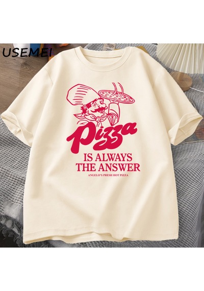 Flood Of Style Pizza Her Zaman Cevap Gıda Baskı T Shirt Kadın Erkek Komik Grafik T Shirt Pamuk Kısa Kollu Ya Haki