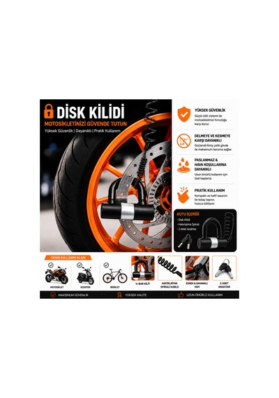781mv 12x11 Cm Boy 16mm Çapında Motosiklet Disk Kilidi Kelepçeli Çelik U-bar Ve Siyah Hatırlatma Kablosu