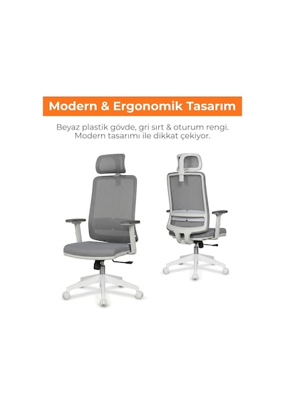 Greta Ergonomik Fileli Çalışma Koltuğu Gri&beyaz Ofis Sandalyesi Ayarlanabilir Başlık, Bel Desteği Ve Hareket Diğer