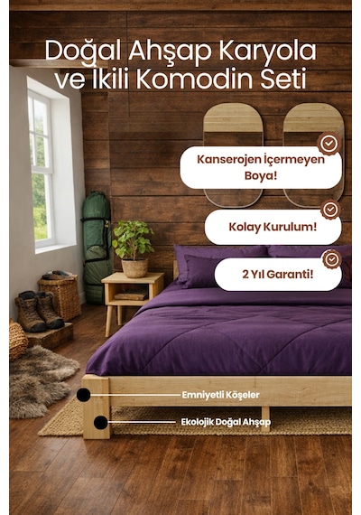 Soft Masif Ahşap Karyola Ve 2 Adet Komodin Natürel 90x200