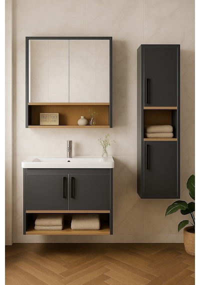 Dmz Home Concept Legna 80 Cm Antrasit-ahşap Renkli, Tamamı MDF, Seramik Lavabolu, Alt - Üst Ve Boy Dolaplı Tamamı Mdf, Banyo Dolabı Seti Dmz Home Concept Legna 80 Cm Antrasit-ahşap Renkli, Tamamı MDF, Seramik Lavabolu, Alt - Üst Ve Boy Dolaplı Tamamı Mdf, Banyo Dolabı Seti