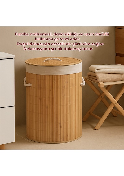 Porsima Pbt-052 Kapaklı Kirli Çamaşır Sepeti Yuvarlak - Bambu Kirli Çamaşır Sepeti Bambu