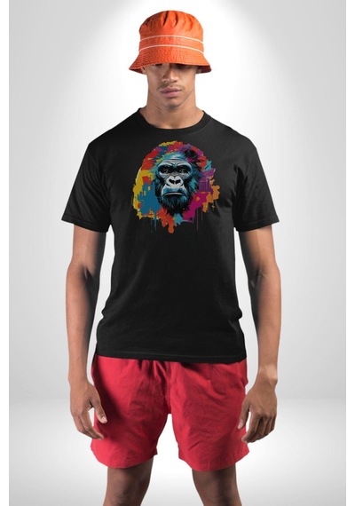 Renkli Maymun Goril Unisex Unisex Siyah Organik Baskılı T-shirt Penye Yüksek Kalite Siyah