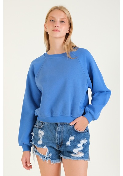 Giyim Dünyası Kadın 3 İp Şardonlu Sıfır Yaka Oversize Sweatshirt Mavi 001