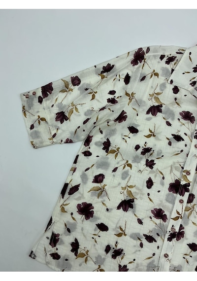 Büyük Beden Çiçek Desenli Kısa Kol Tencel Gömlek Bordo