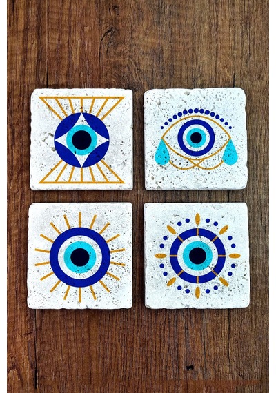 Doğal Taş Bardak Altlığı 4'lü Set 10x10x1 Cm Nazar Boncuğu Desenli - Evileye Stone Coasters 352 Çok Renkli