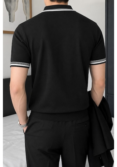 Tarz Cool Erkek Fermuar Yaka Triko Polo Tişört Slim Fit Pamuklu Yazlık Triko Siyah
