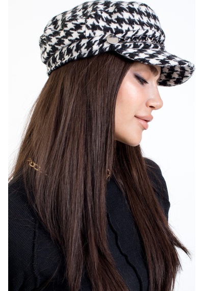Ladycolor Kadın Kışlık Şapka Kaşe Kaptan Kışlık Zincir Aksesuarlı Kazayağı Desen Beyaz