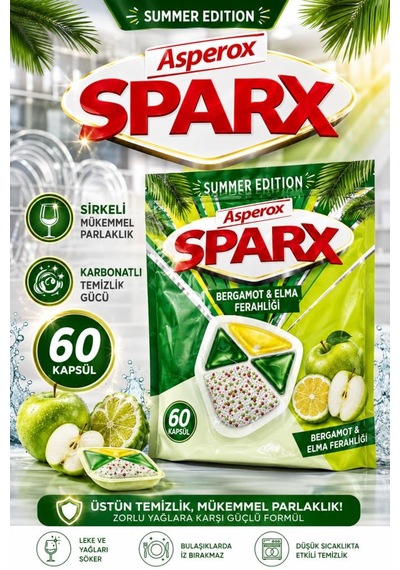 Asperox Sparx Summer Edition Bergamot & Elma Ferahlığı Bulaşık Makinesi Deterjan Kapsülü 60 Lı Sirkeli Mükemmel Parlaklık, Karbonatlı Temizlik Gücü