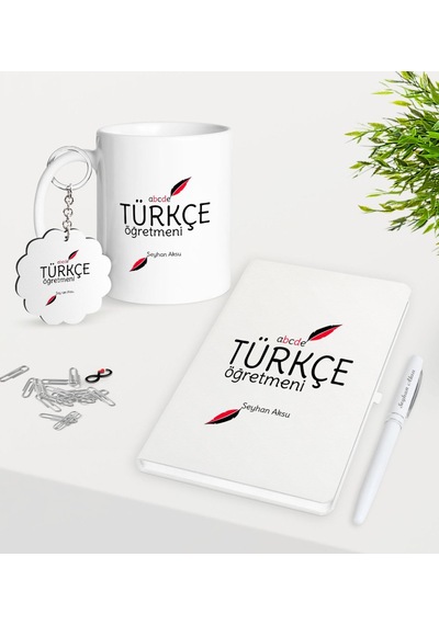 Kişiye Özel Türkçe Öğretmeni Kupa Anahtarlık Beyaz Defter Kalem H N11.19643