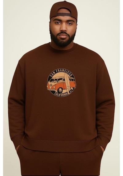 Benroma 3 İplik Penye Wos Wos Baskılı Büyük Beden Unisex Sweatshırt Kahverengi